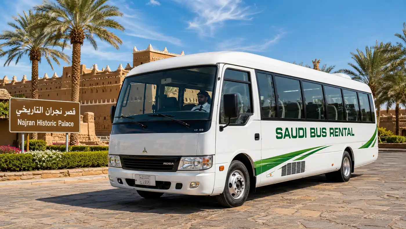33 seat mid-size bus or coaster-style coach with driver for Saudi passenger transport