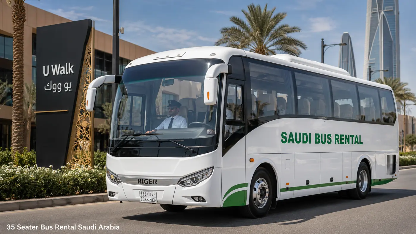 35 seat mid-size bus or coaster-style coach with driver for Saudi passenger transport