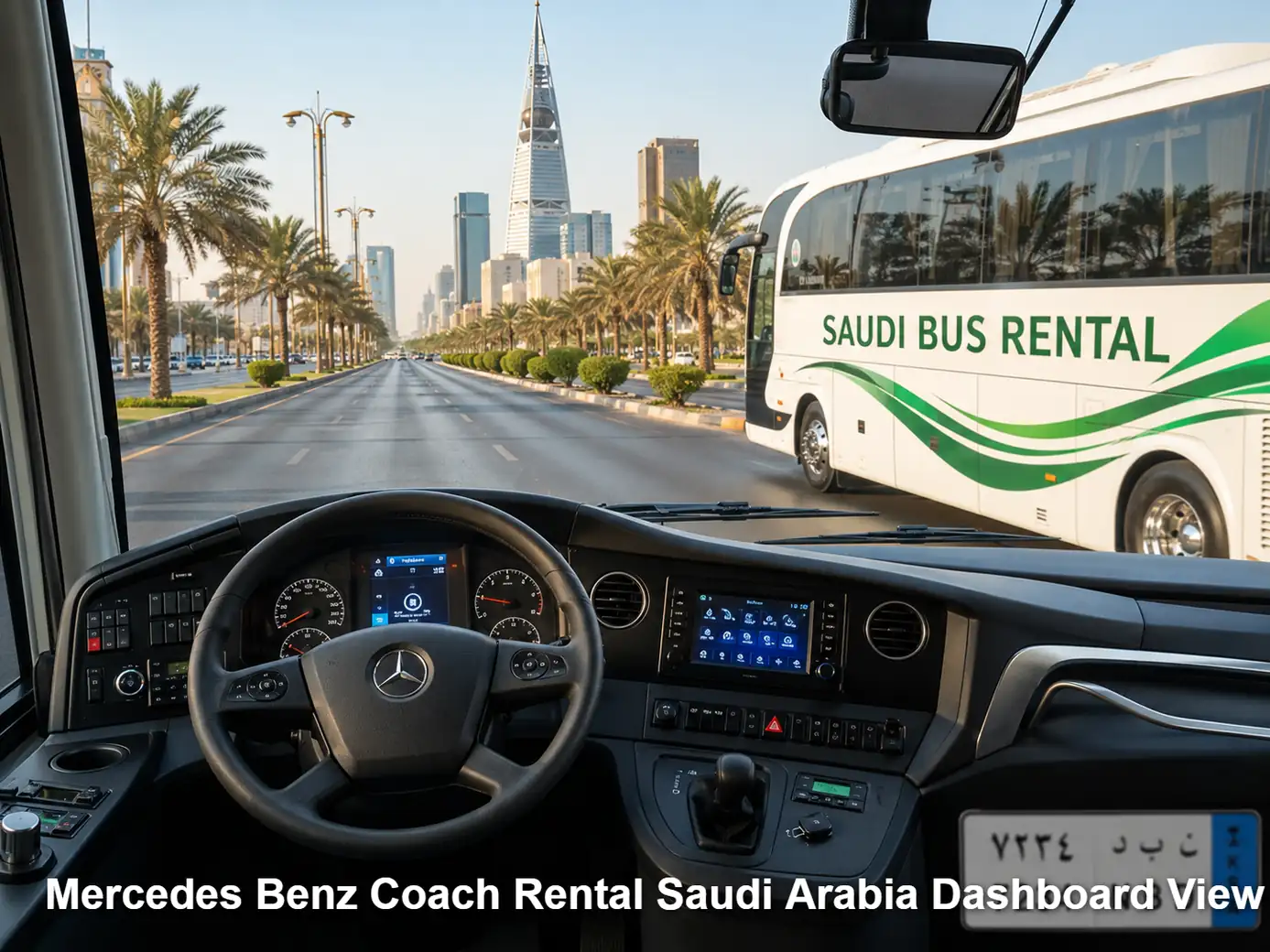 Mercedes Benz Coach driver area and dashboard for Saudi operating review