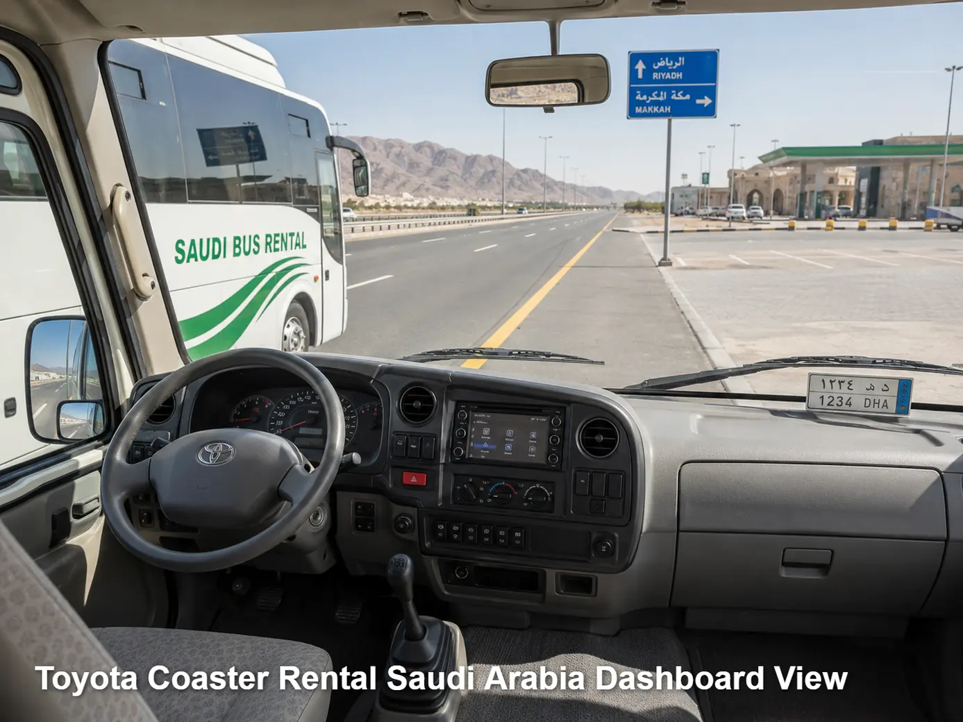 Toyota Coaster driver area and dashboard for Saudi operating review