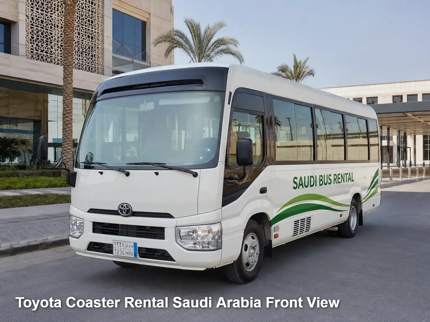 Toyota Coaster front view for Saudi route planning