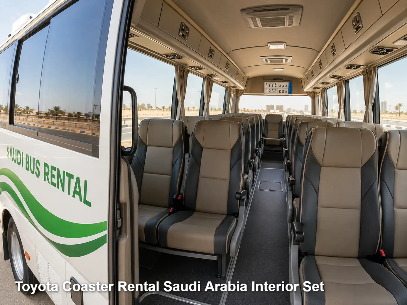 Toyota Coaster passenger cabin and seating layout for Saudi route planning