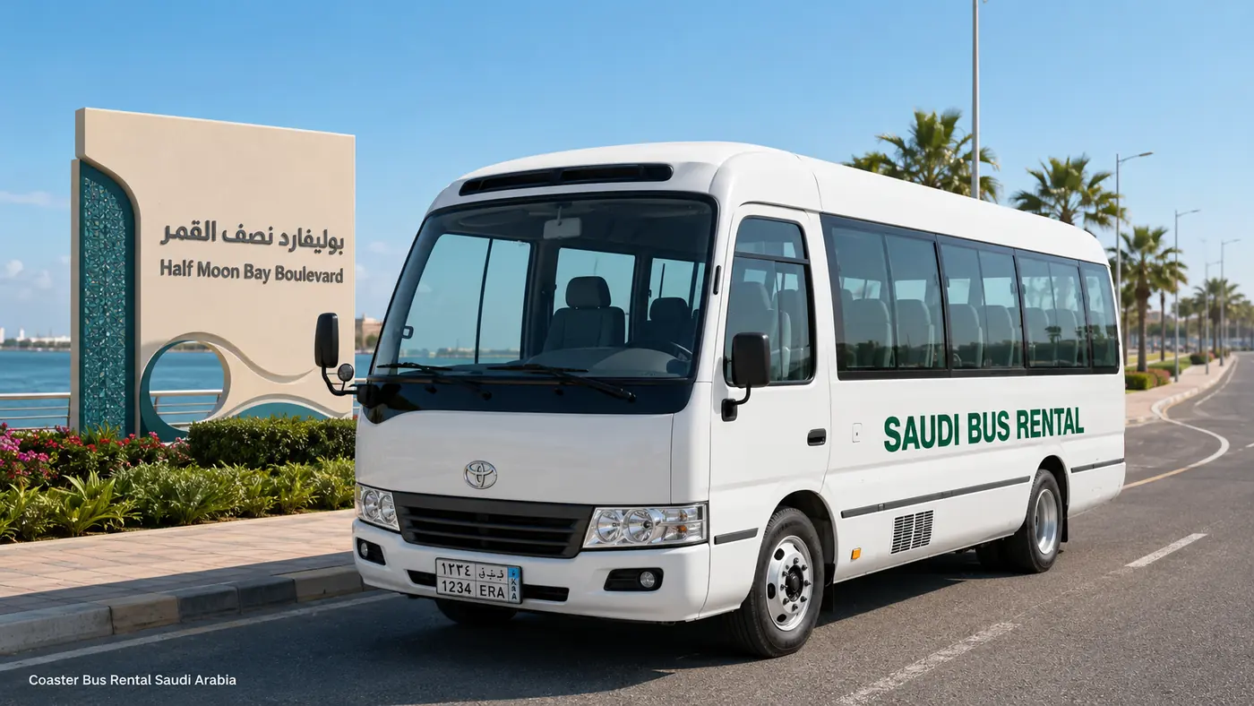 Coaster Bus Rental Saudi Arabia hero visual for driver-led Saudi passenger transport