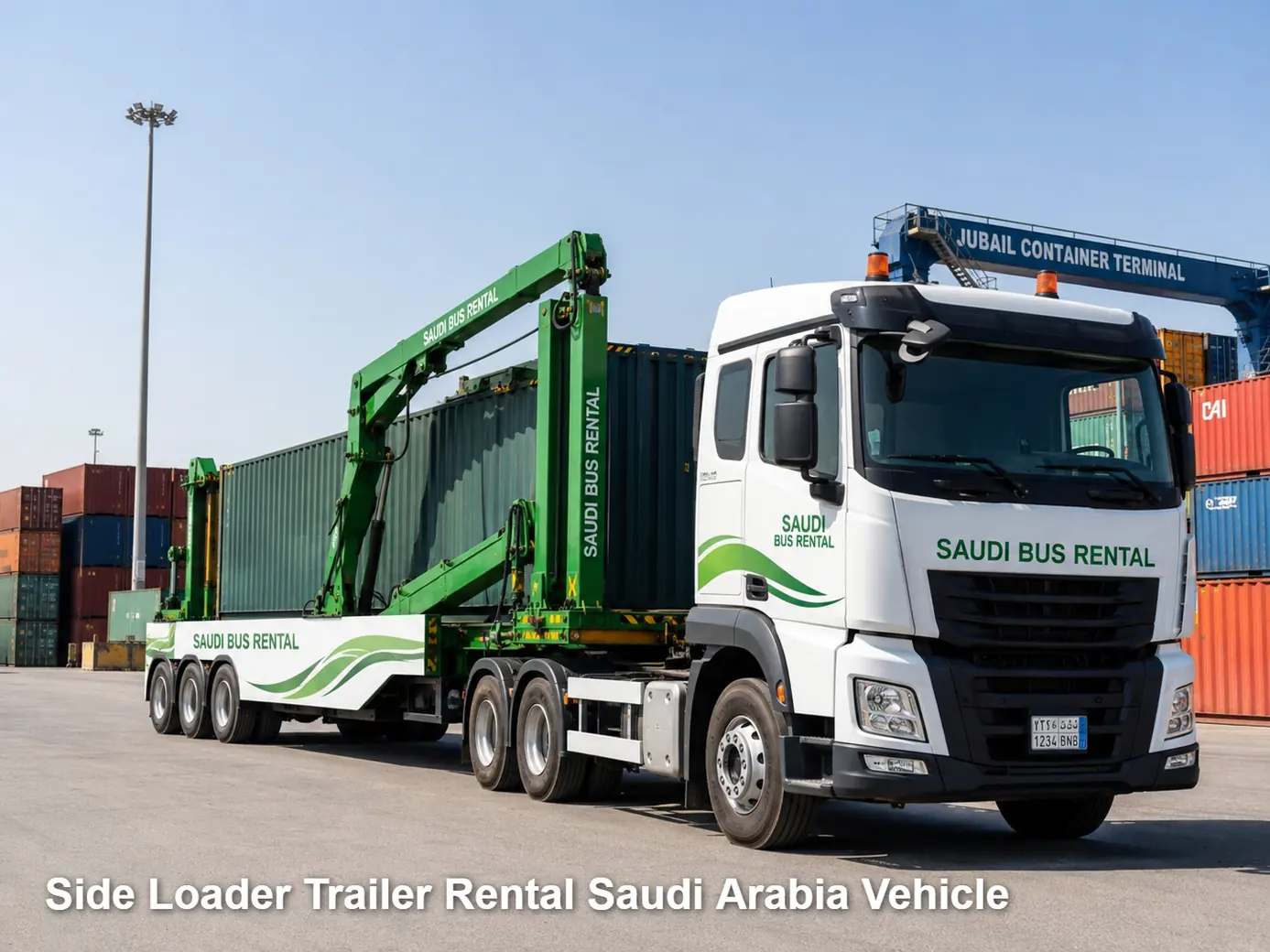 Side Loader Trailer Rental operating and site-access view in Saudi Arabia
